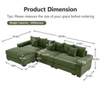 Green sectional sofa with modular ottoman and square seat cushions, full back pillows