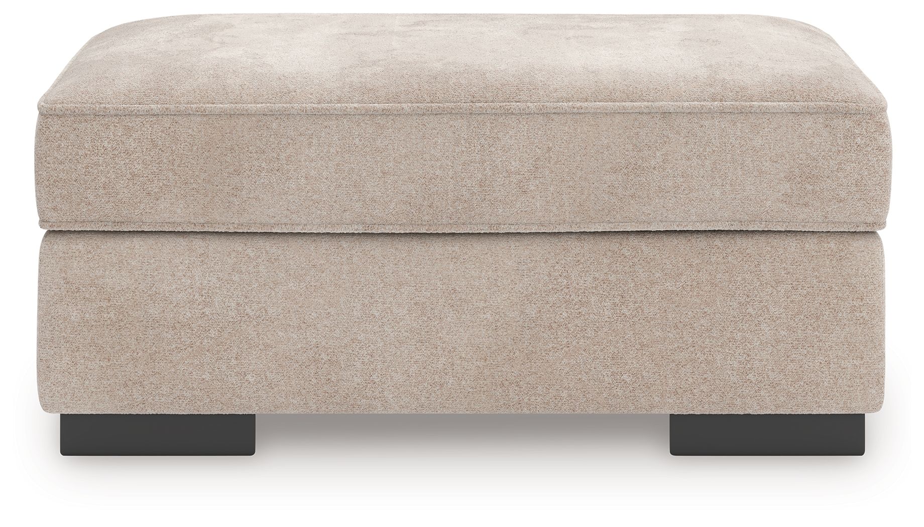 Taupe upholstered ottoman with low rectangular sides and black legs