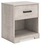 Whitewash one-drawer night stand with black bar pull and open lower shelf