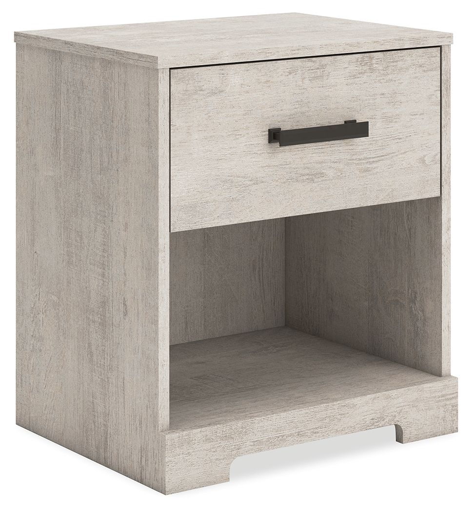 Whitewash one-drawer night stand with black bar pull and open lower shelf