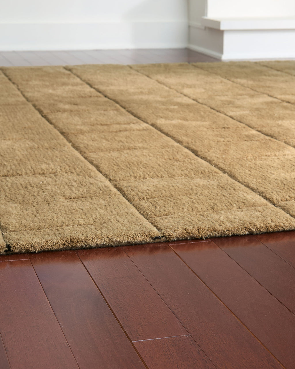 Light brown rug close-up, plush texture with stitched stripe-like sections
