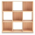 Light wood cube organizer with wide top shelf and multiple open cube compartments