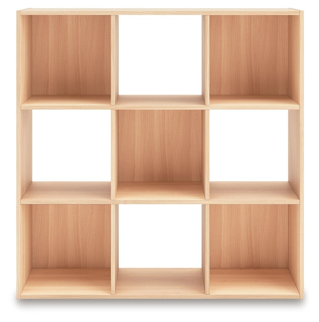 Light wood cube organizer with wide top shelf and multiple open cube compartments