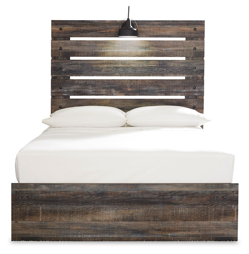 Dark wood panel bed with slatted headboard and footboard, white mattress and pillows