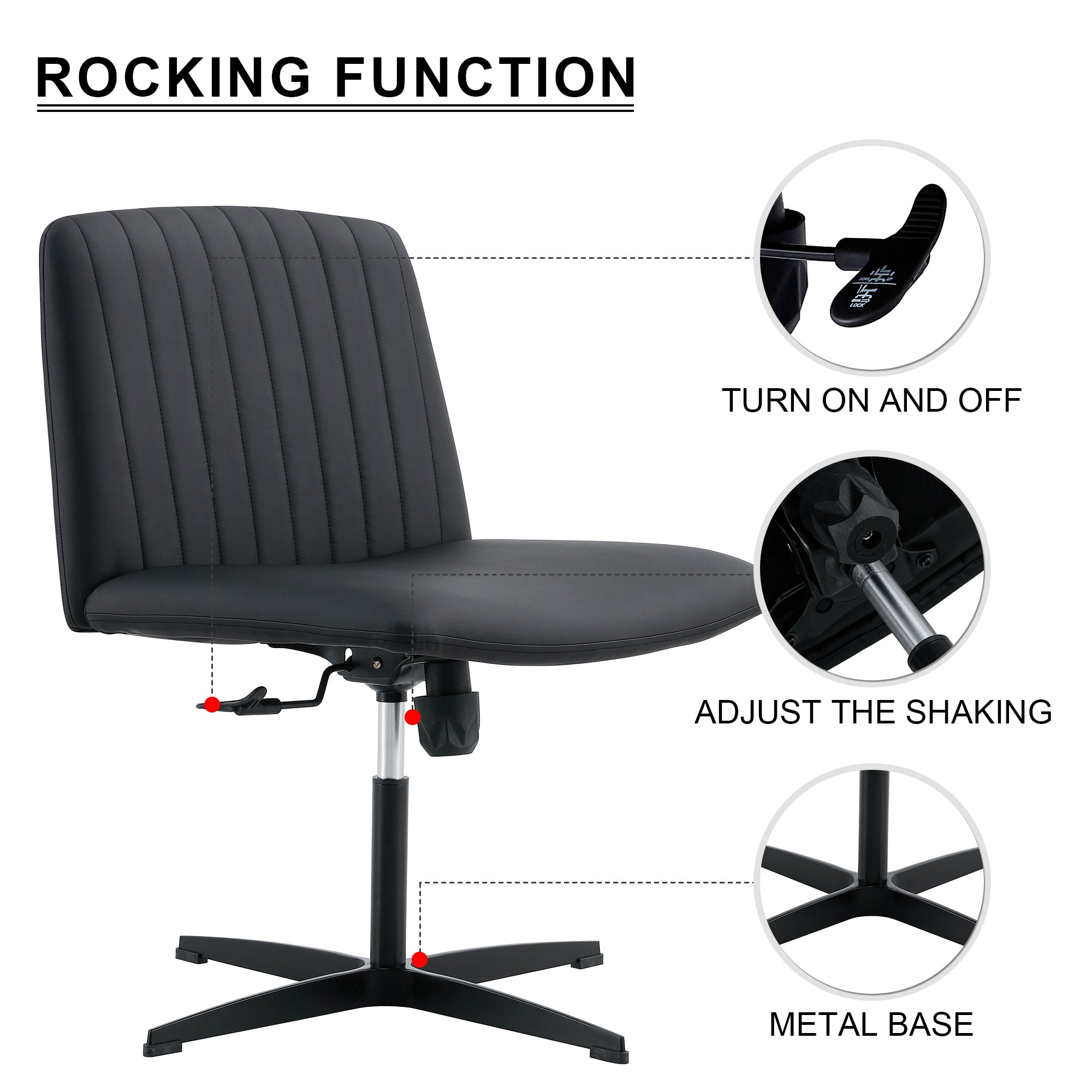 Black PU Leather Home Office Chair, 360° Swivel, No Wheels