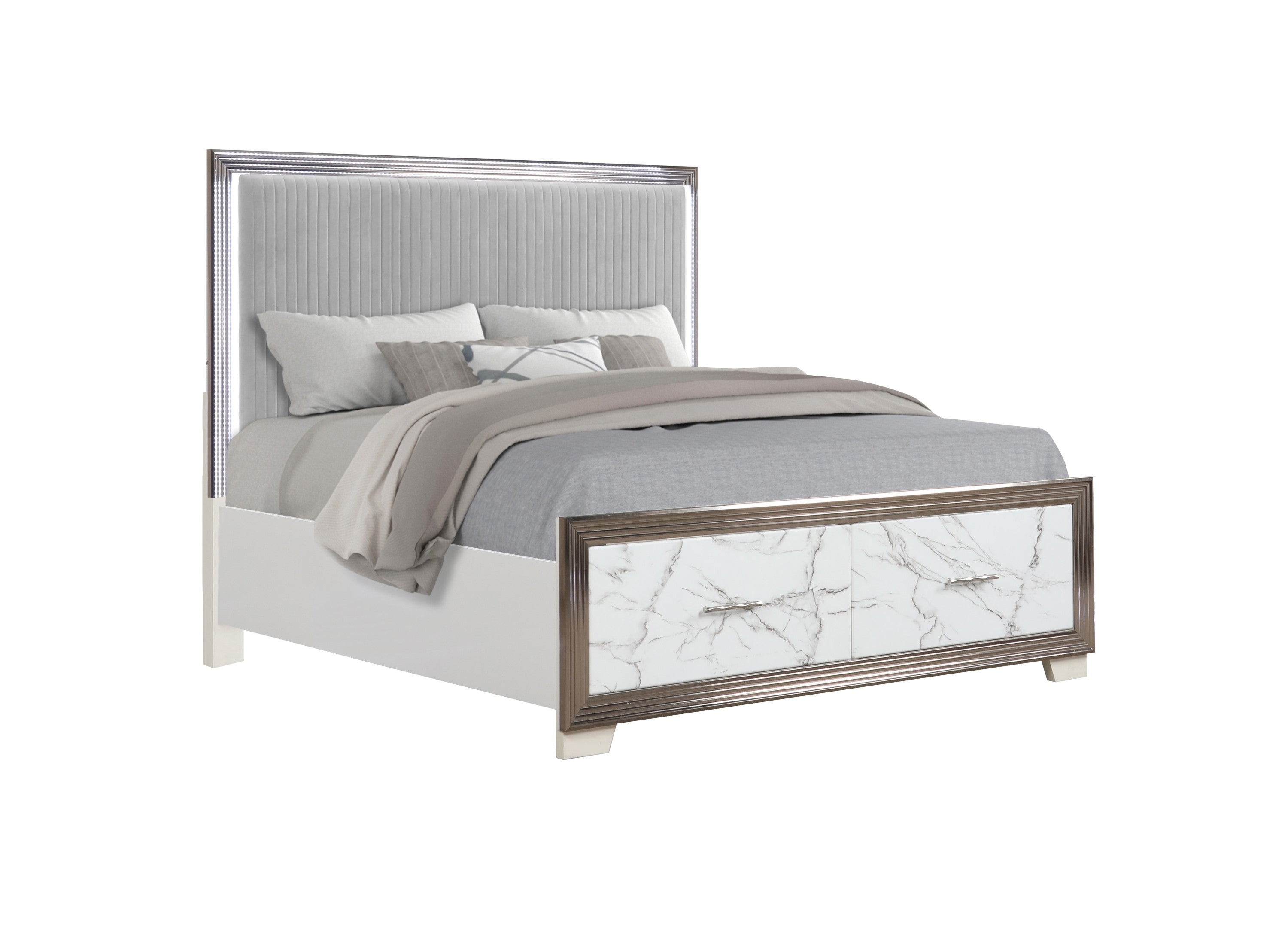 Desire King Bed: Upholstered LED, Marble Storage, Metallic Trim, Modern (NJ)