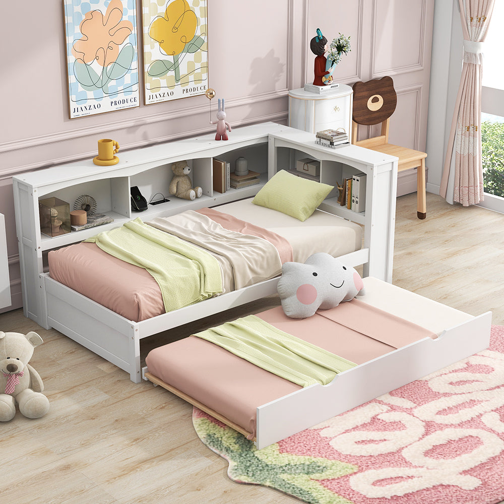 Twin Daybed with Trundle, Storage, USB Ports - White
