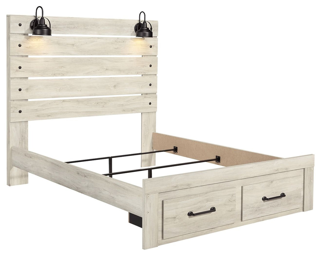 Light beige panel bed frame with two front drawers and open slat base