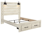 Light beige panel bed frame with two front drawers and open slat base