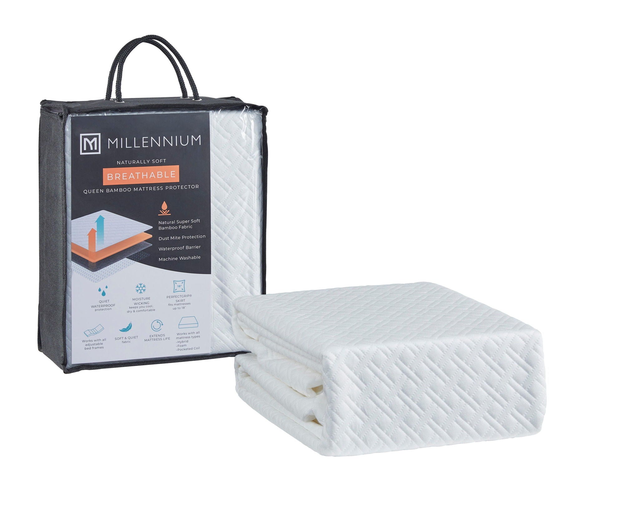 White mattress protector pad, folded with quilted surface and elastic corners
