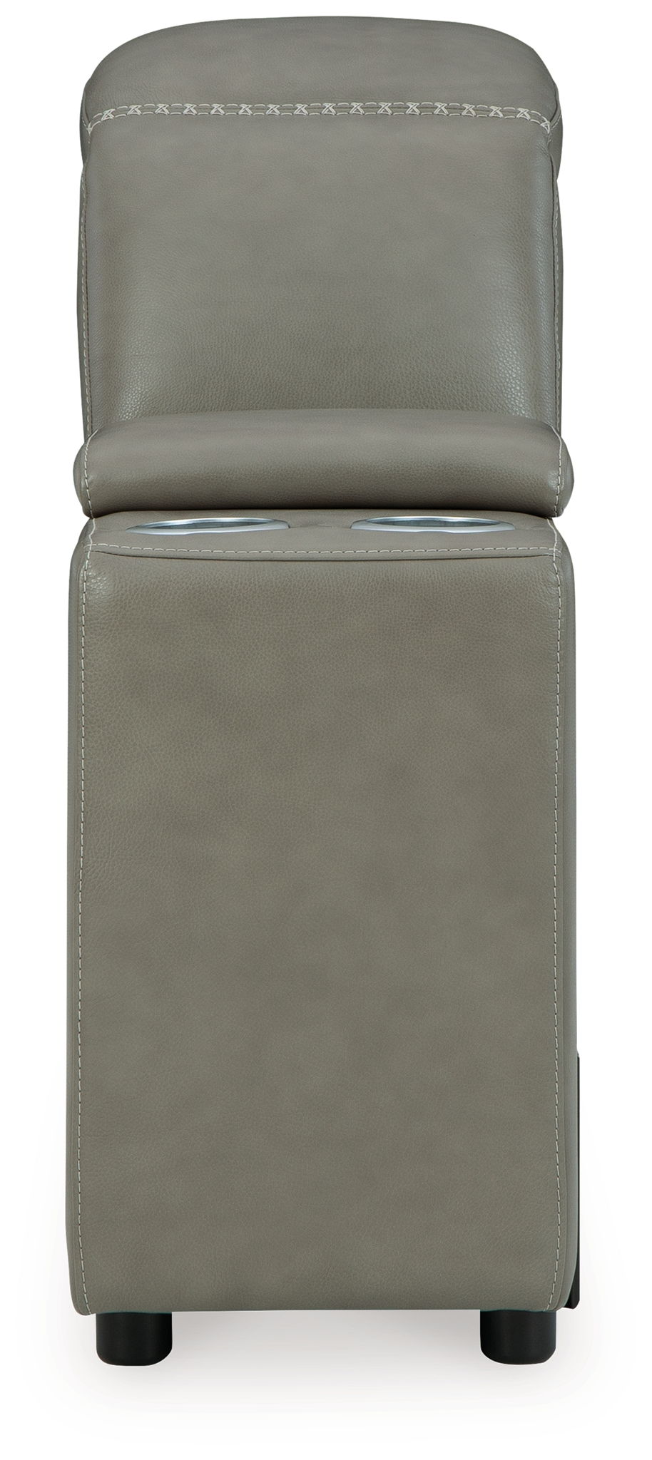 Gray upholstered console chair with storage, tall backrest and short rounded base.