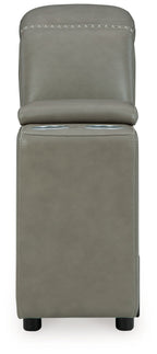 Gray upholstered console chair with storage, tall backrest and short rounded base.