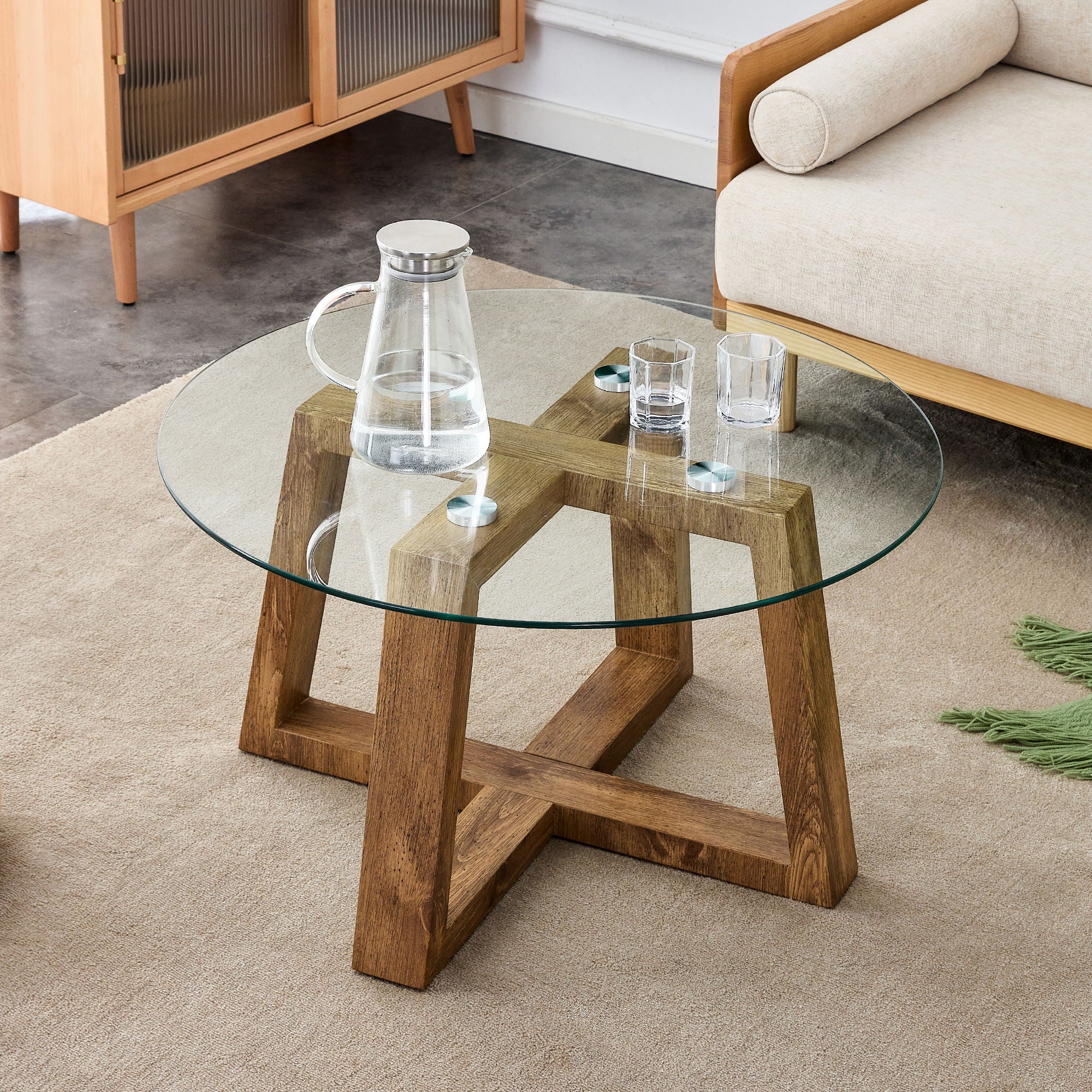 Modern Practical Circular Coffee And Tea Tables, Made Of Transparent Tempered Glass Tabletop And Wood Colored MDF Material, Suitable For Living Rooms And Bedrooms