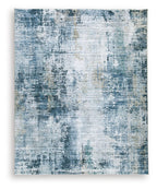 Blue and white abstract distressed rug with flat woven texture, square design