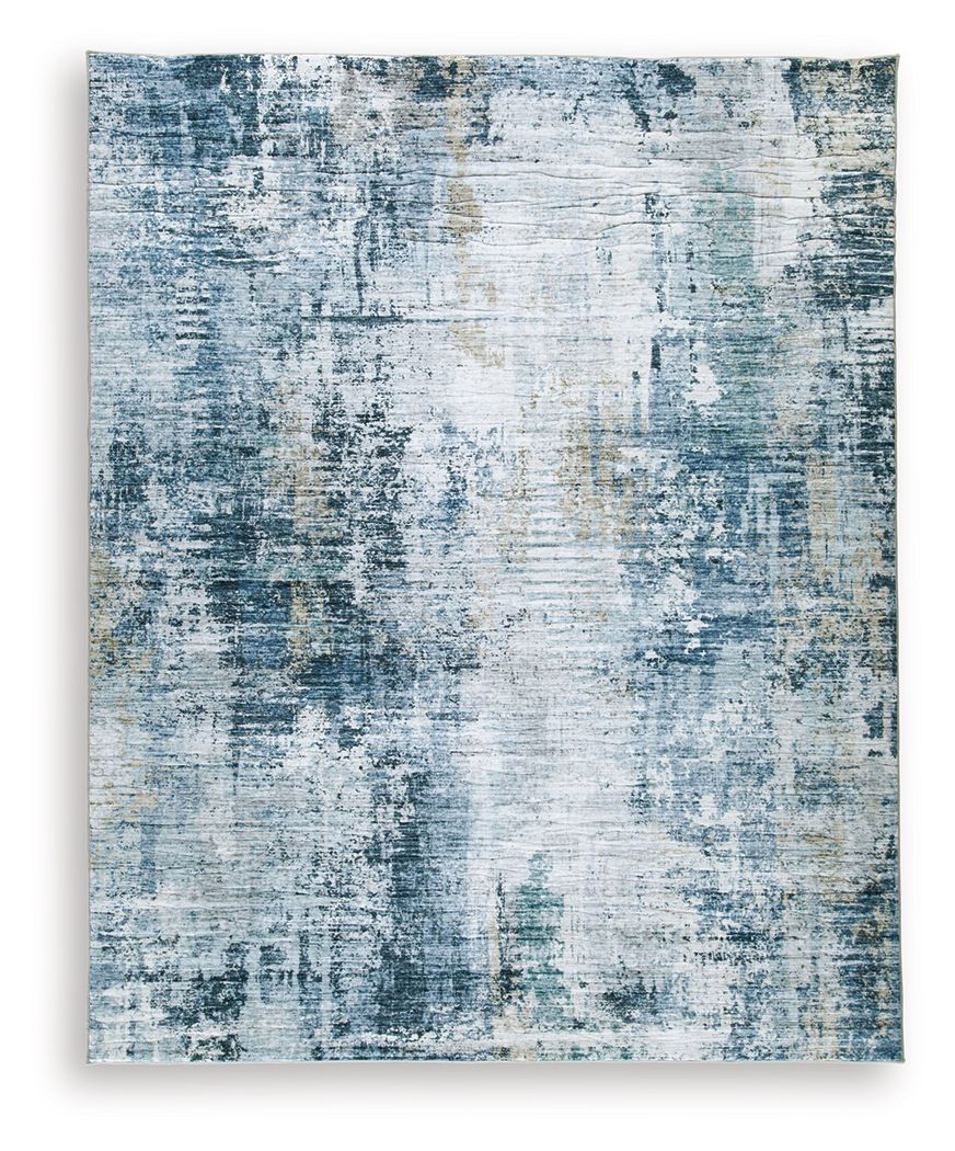 Blue and white abstract distressed rug with flat woven texture, square design
