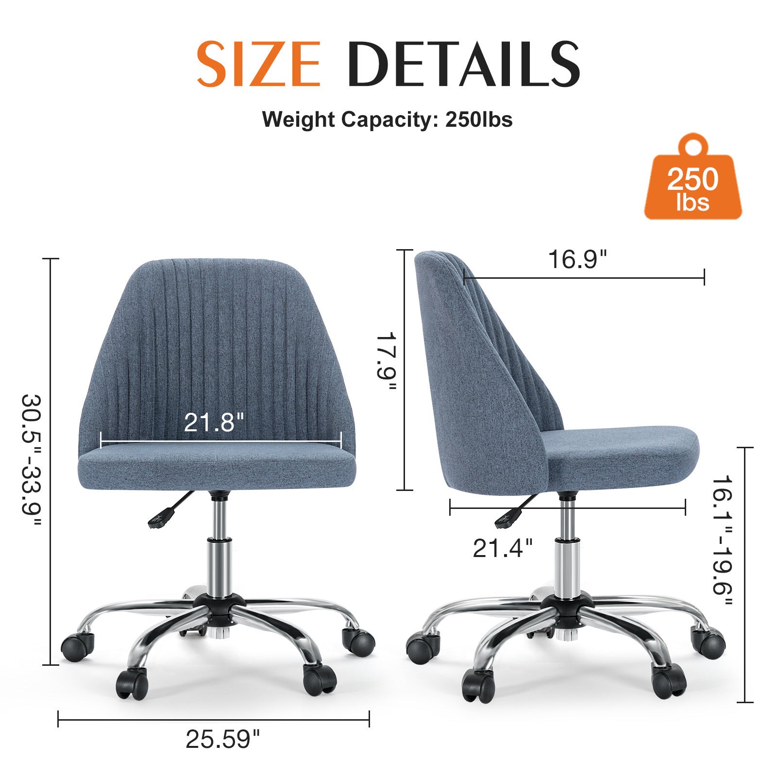 Armless Office Chair with Wheels, Adjustable & Swivel