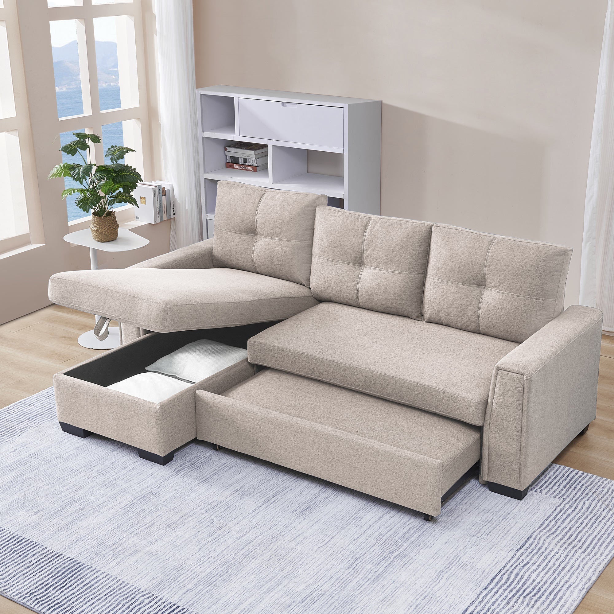 91.7" L-Shape Sleeper Sectional Sofa w/Storage Chaise - Beige Fabric Modular Couch-Sleeper Sectionals-American Furniture Outlet