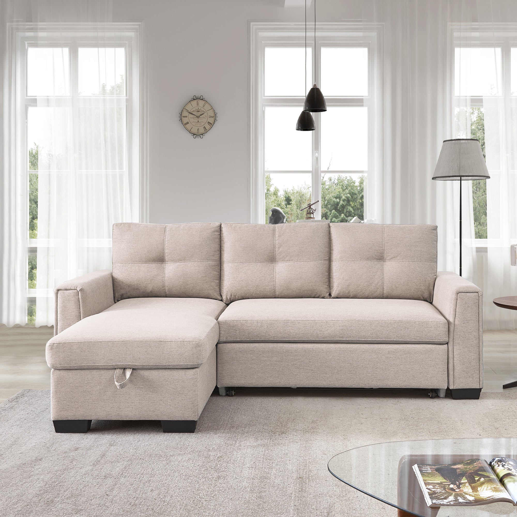 91.7" L-Shape Sleeper Sectional Sofa w/Storage Chaise - Beige Fabric Modular Couch-Sleeper Sectionals-American Furniture Outlet