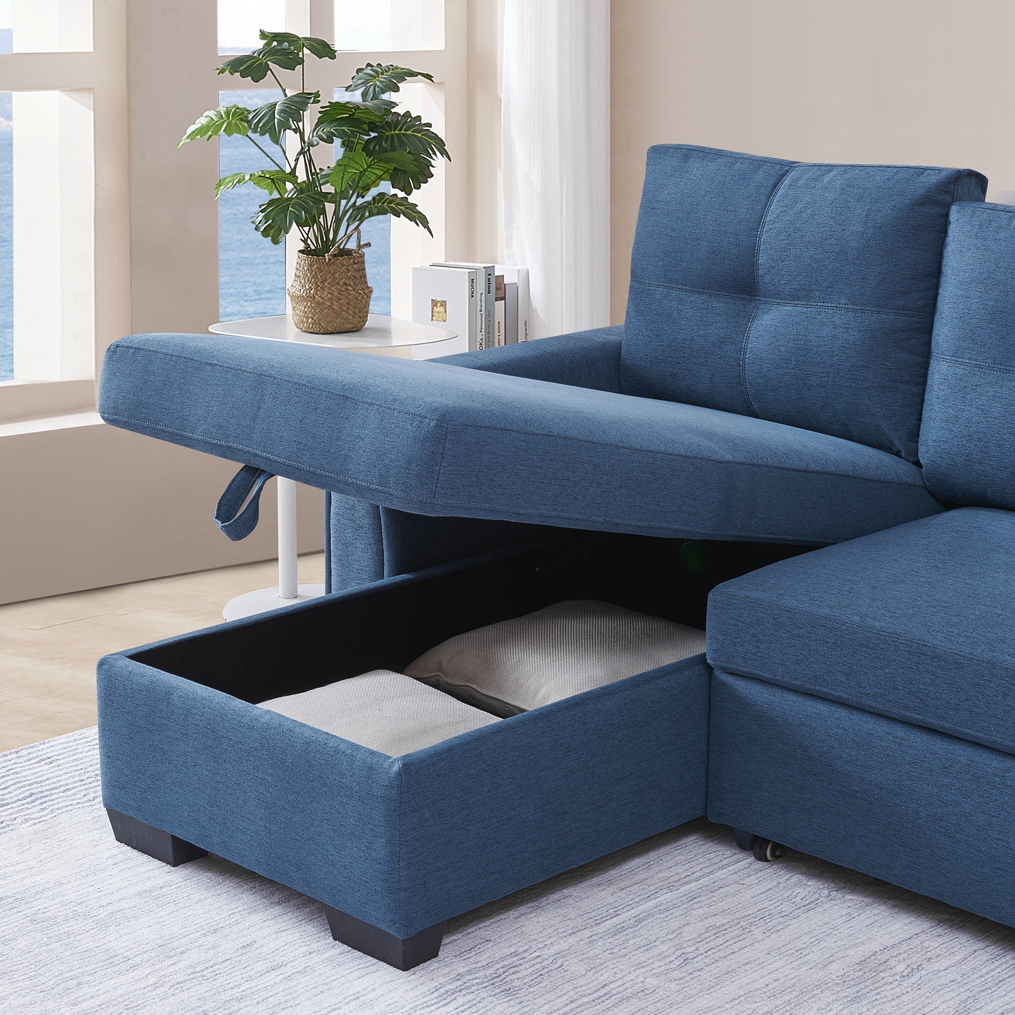 91.7" L-Shape Sleeper Sectional Sofa w/Storage Chaise - Blue Fabric-Sleeper Sectionals-American Furniture Outlet