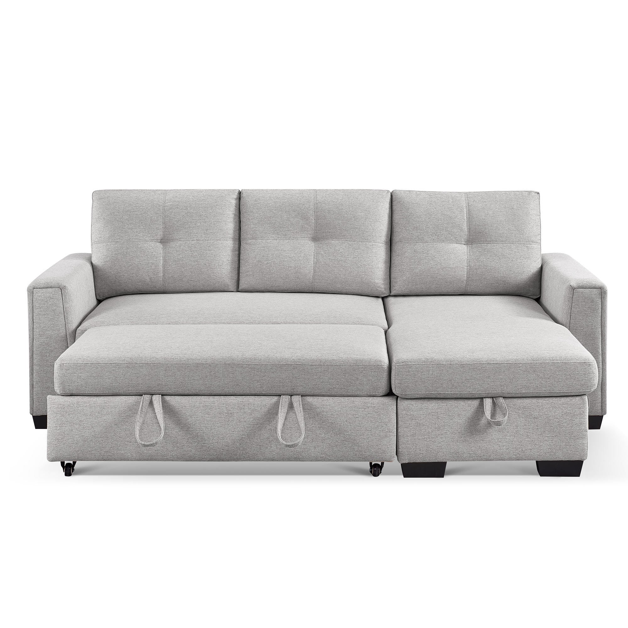 91.7" L-Shape Sleeper Sectional Sofa w/Storage Chaise - Light Grey Fabric-Sleeper Sectionals-American Furniture Outlet