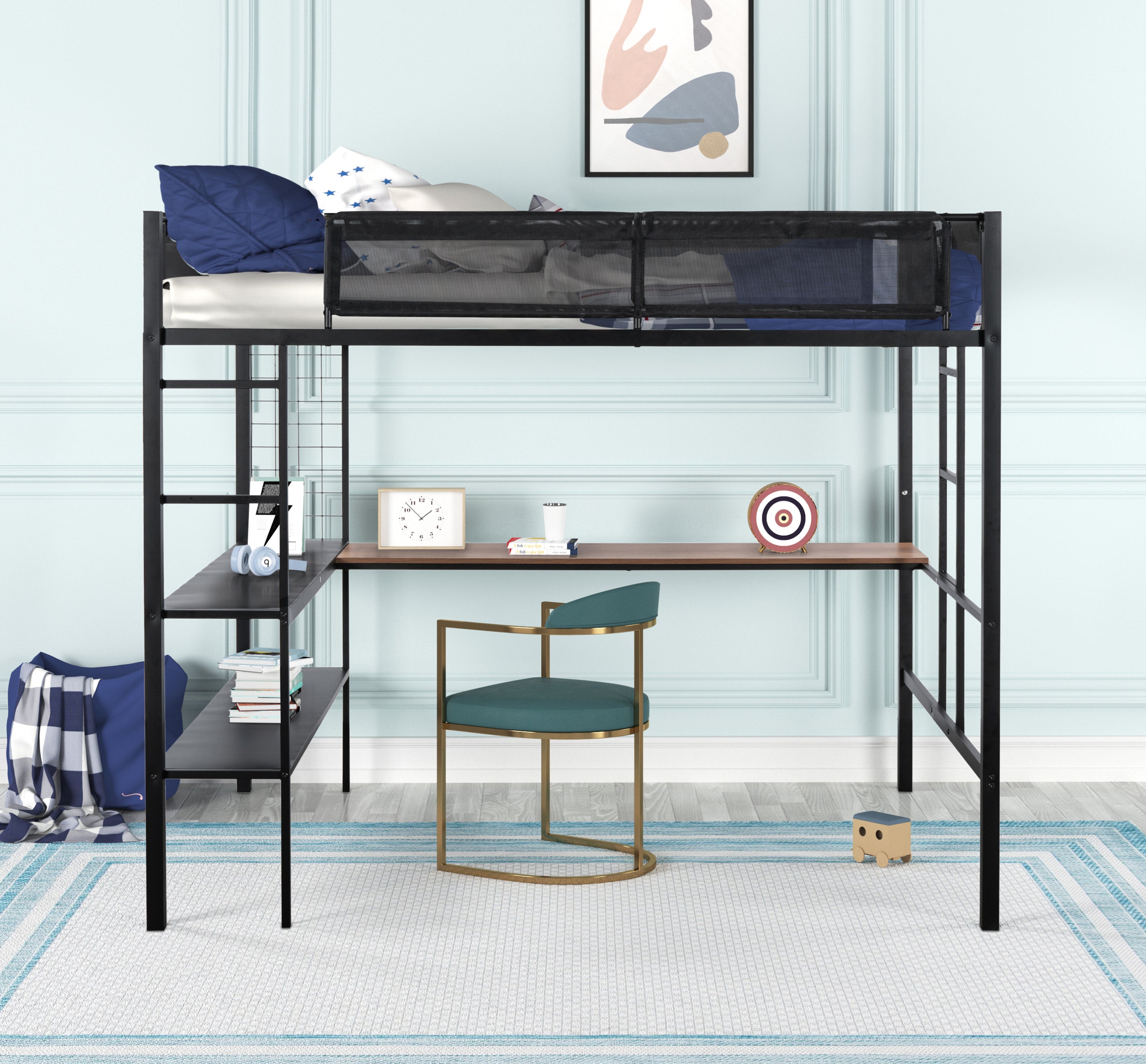 Metal Loft Bed w/Desk, Shelves & Ladders