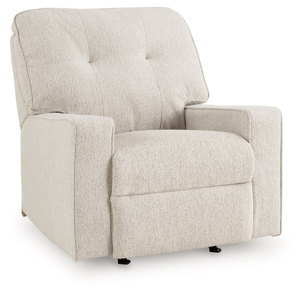 Stone fabric rocker recliner with tufted back and padded arms, front-left view