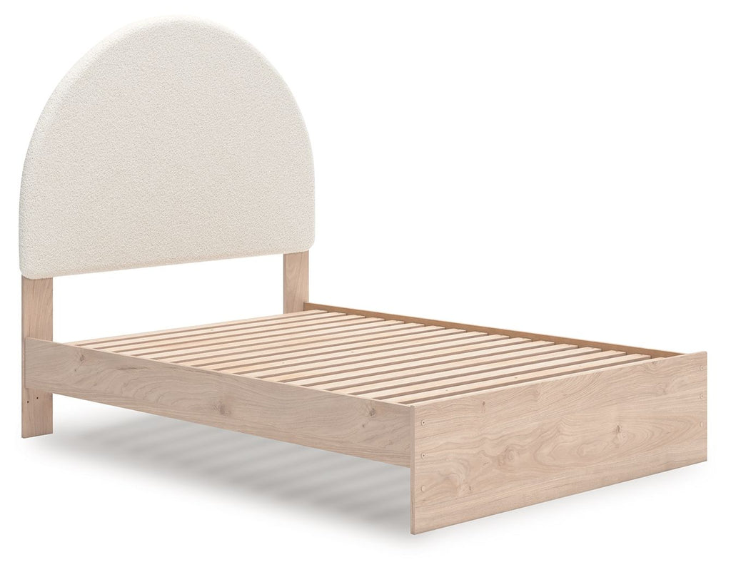 Upholstered panel bed with beige headboard and light wood slatted base