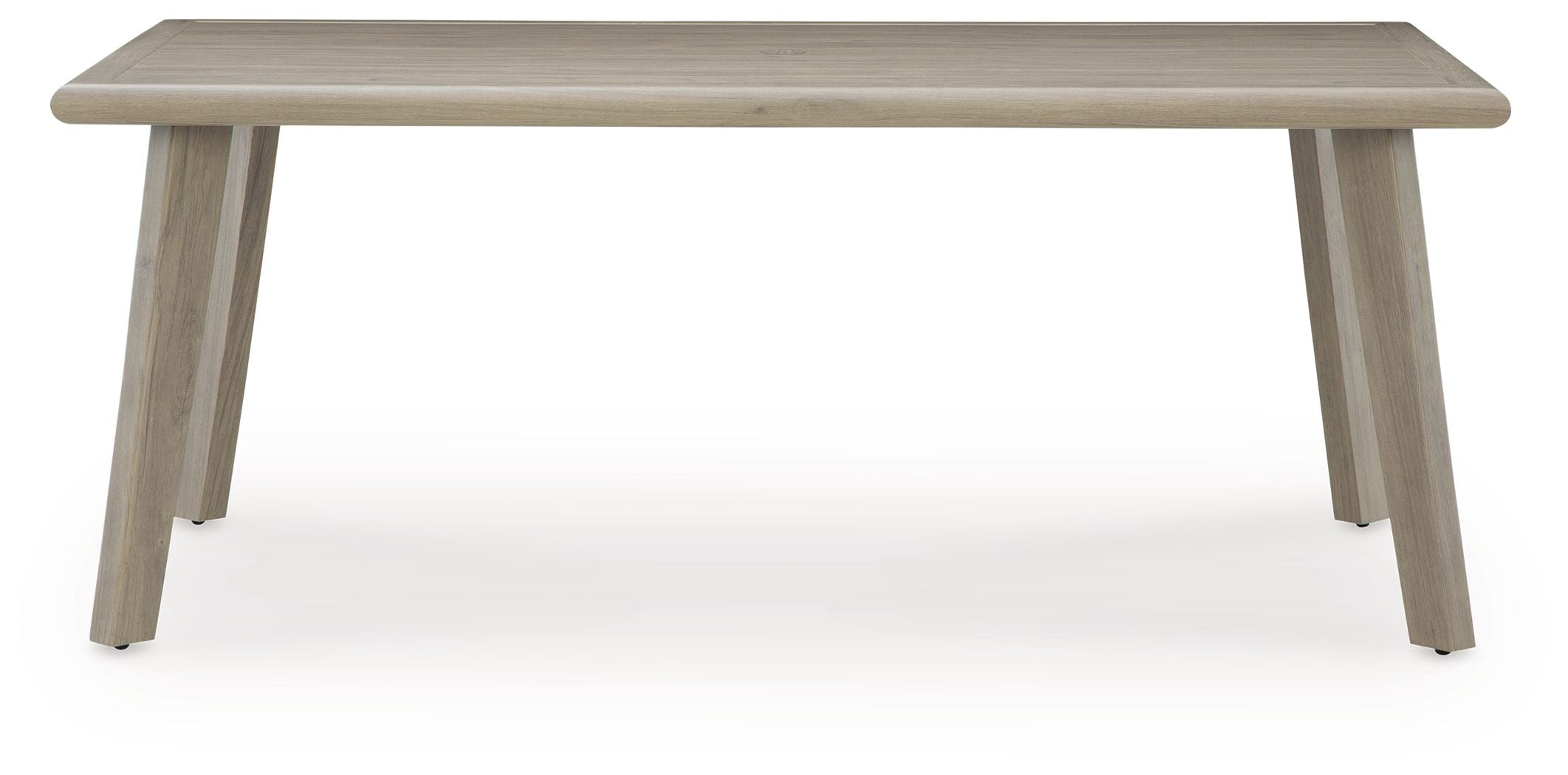 Beige rectangular dining table front view with smooth tabletop and tapered legs