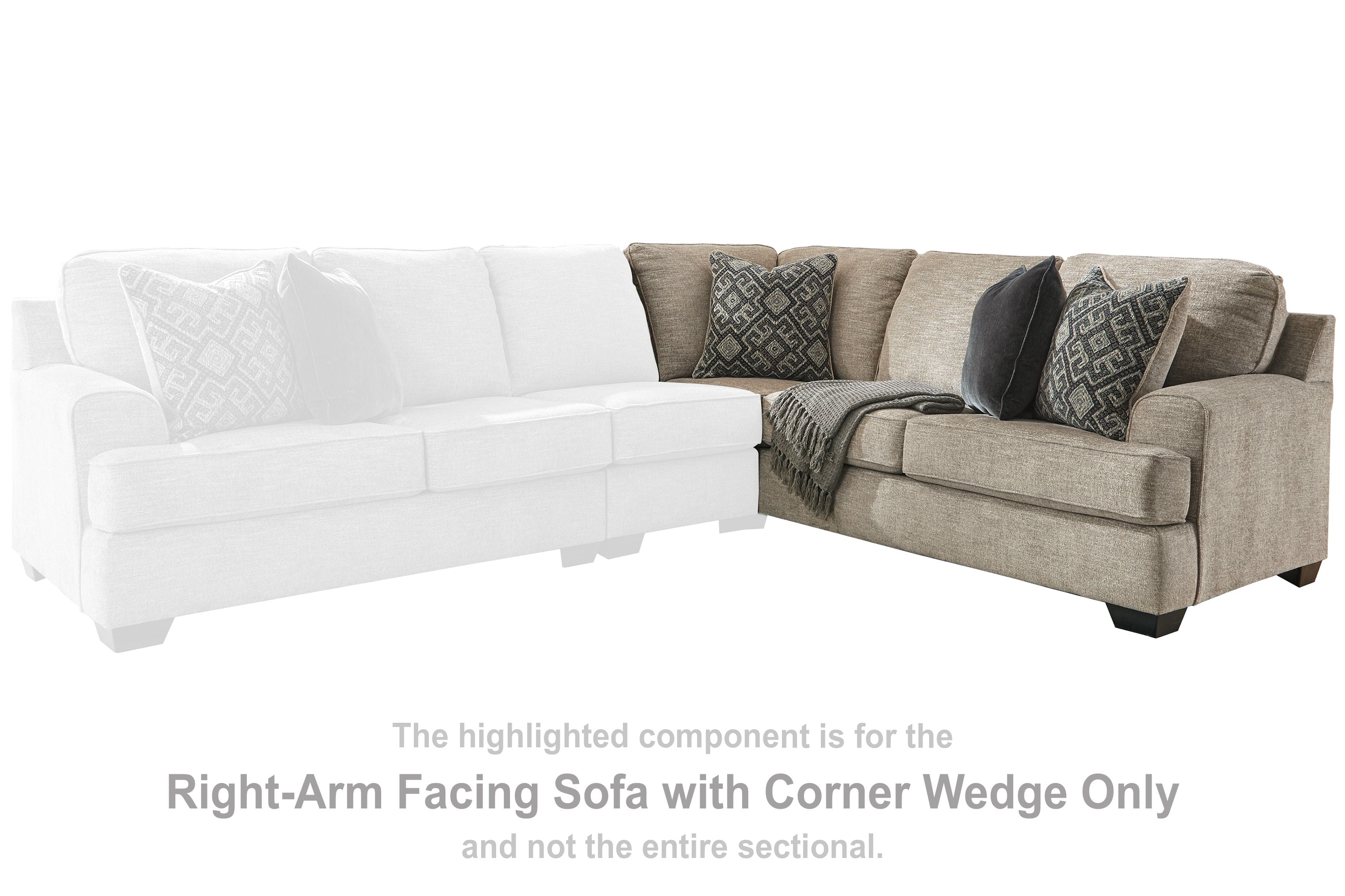 Stone fabric right-arm sectional sofa with corner wedge, chaise and patterned pillows