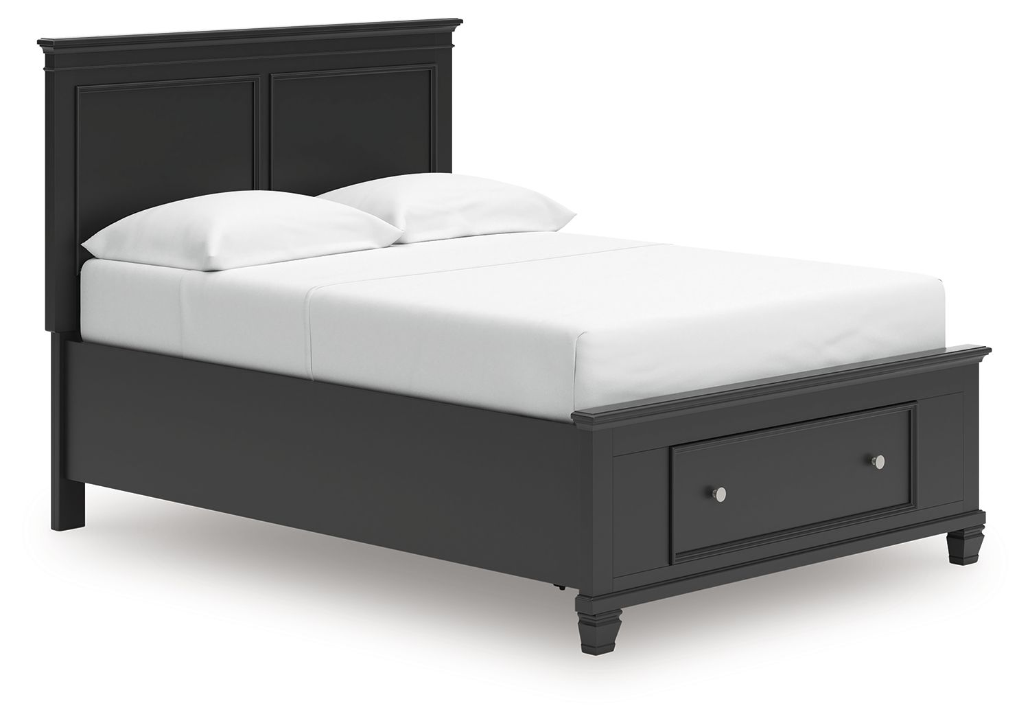 Black panel bed with two drawers and white mattress, paneled headboard