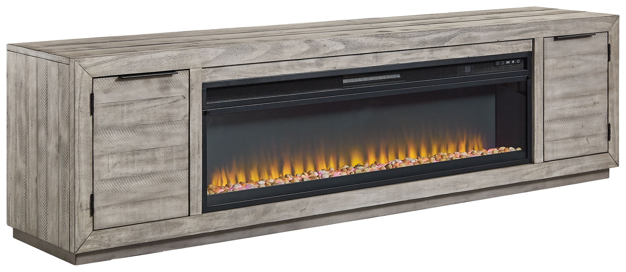 Gray TV stand with wide fireplace insert, two side cabinet doors, central firebox
