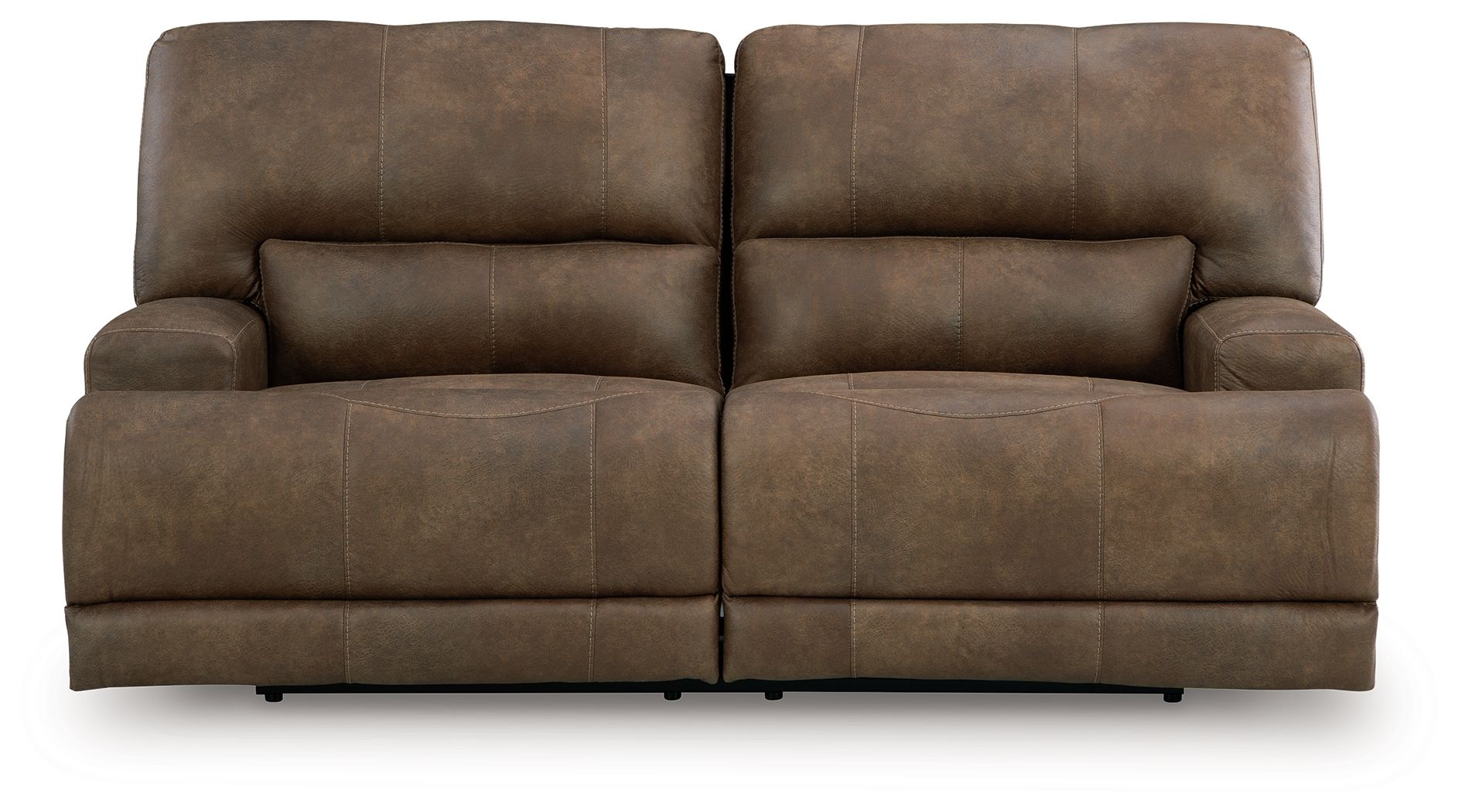 Earth-tone 2-seat power reclining sofa with adjustable headrests, wide padded back and seat