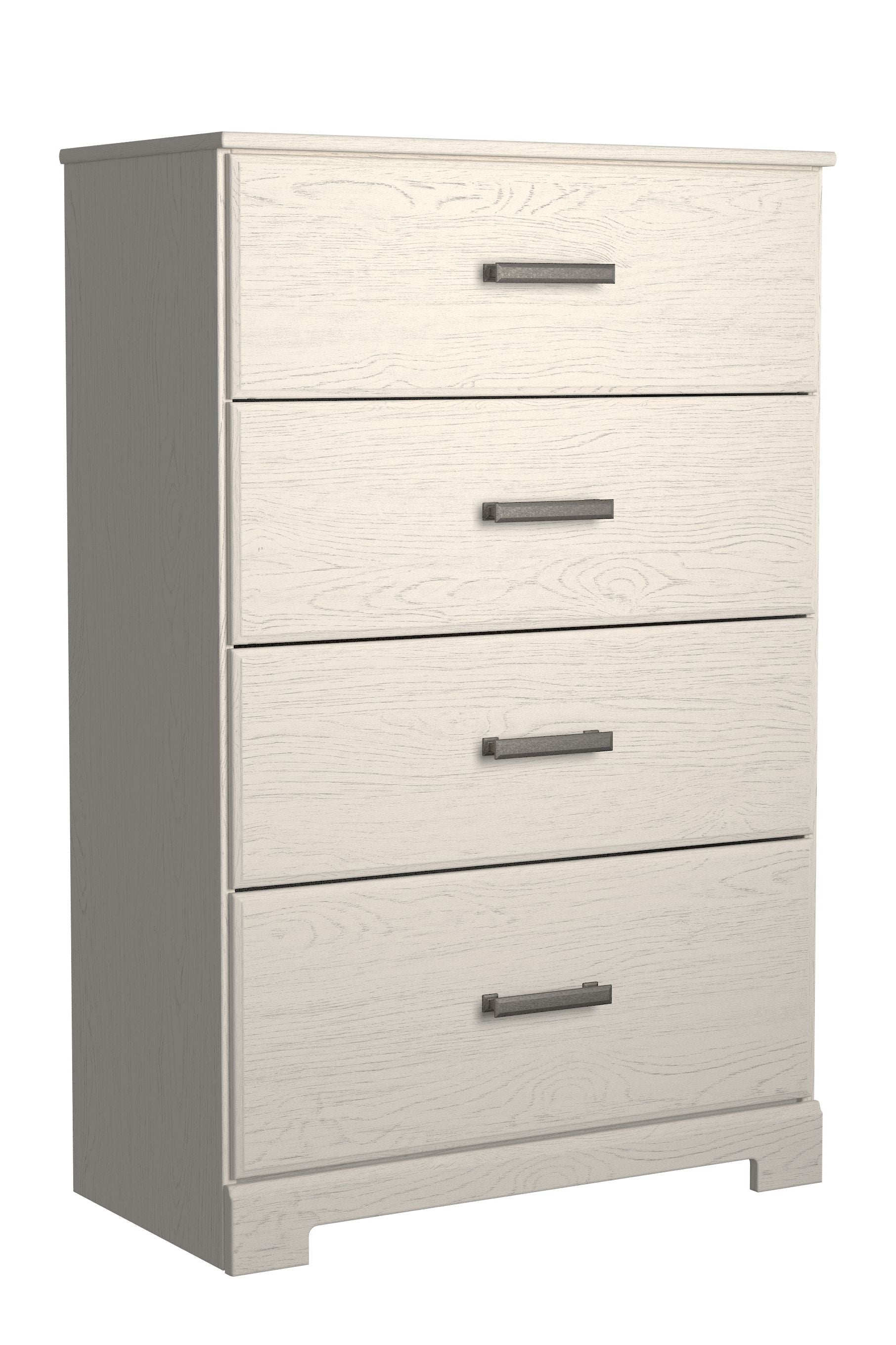 White chest of drawers with four drawers and metal bar handles