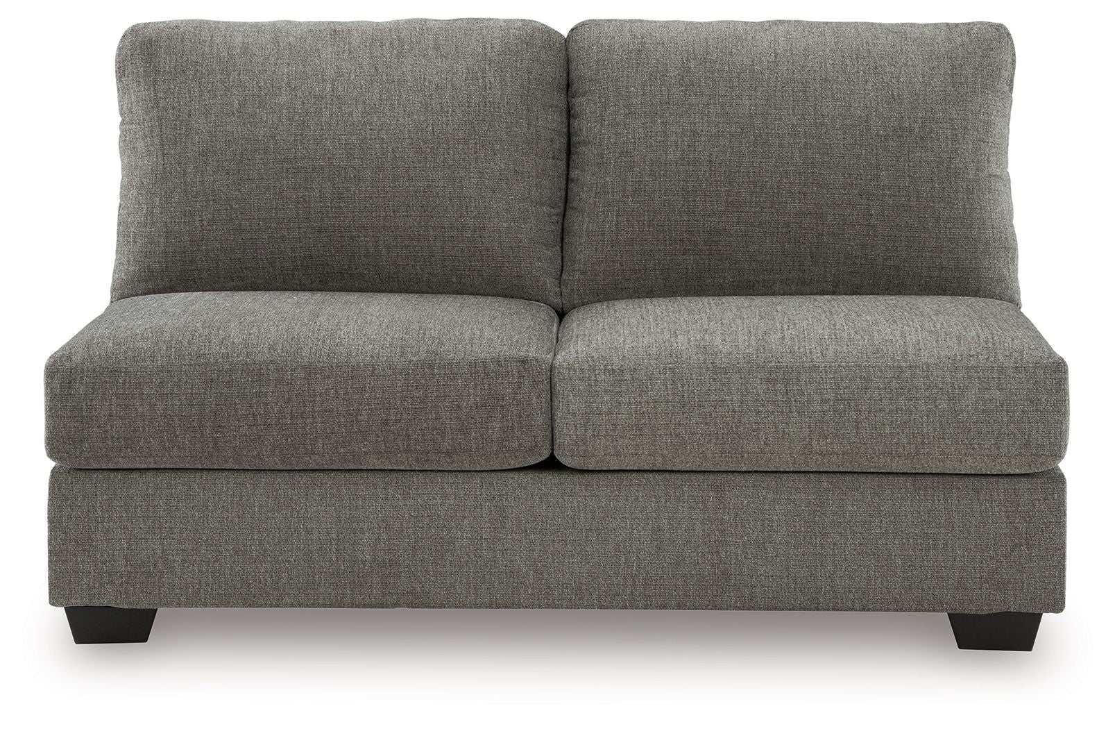 Gray armless loveseat with two-seat cushions, split back, and dark legs