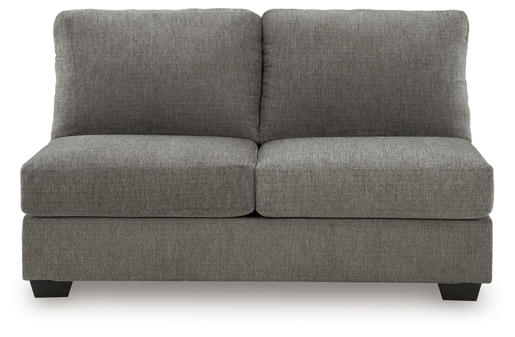 Gray armless full sleeper with split seat and two back cushions