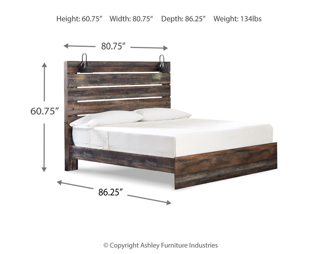 Dark wood panel bed with slatted headboard and footboard, white mattress and pillows