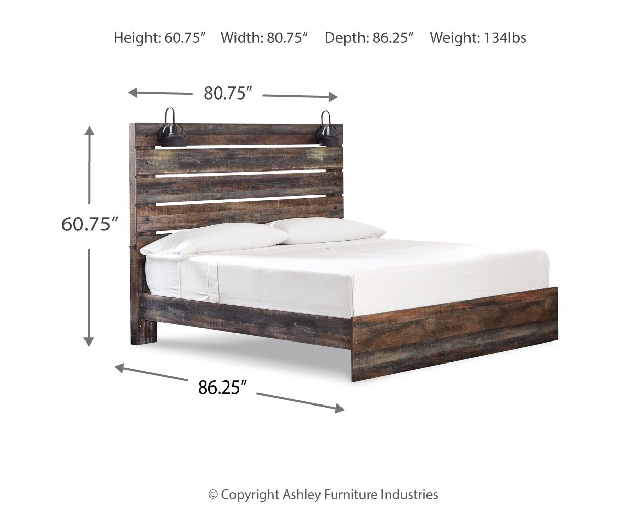 Dark wood panel bed with slatted headboard and footboard, white mattress and pillows