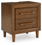 Brown two-drawer nightstand with brass bar pulls and tapered legs