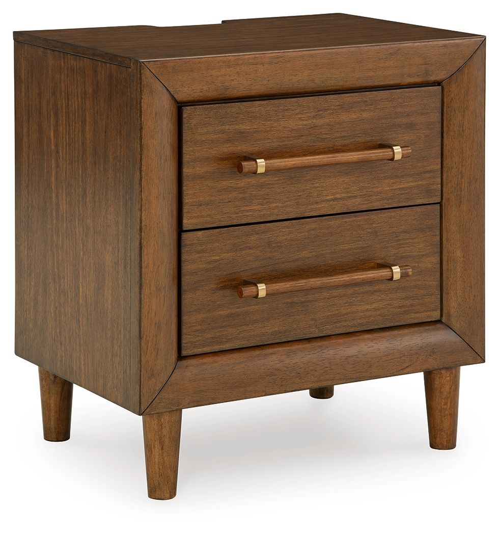 Brown two-drawer nightstand with brass bar pulls and tapered legs