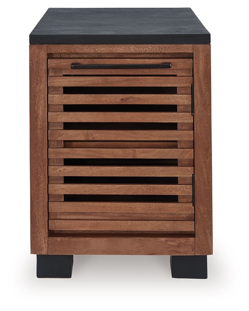 Warm brown end table with black top and horizontal slatted front panel