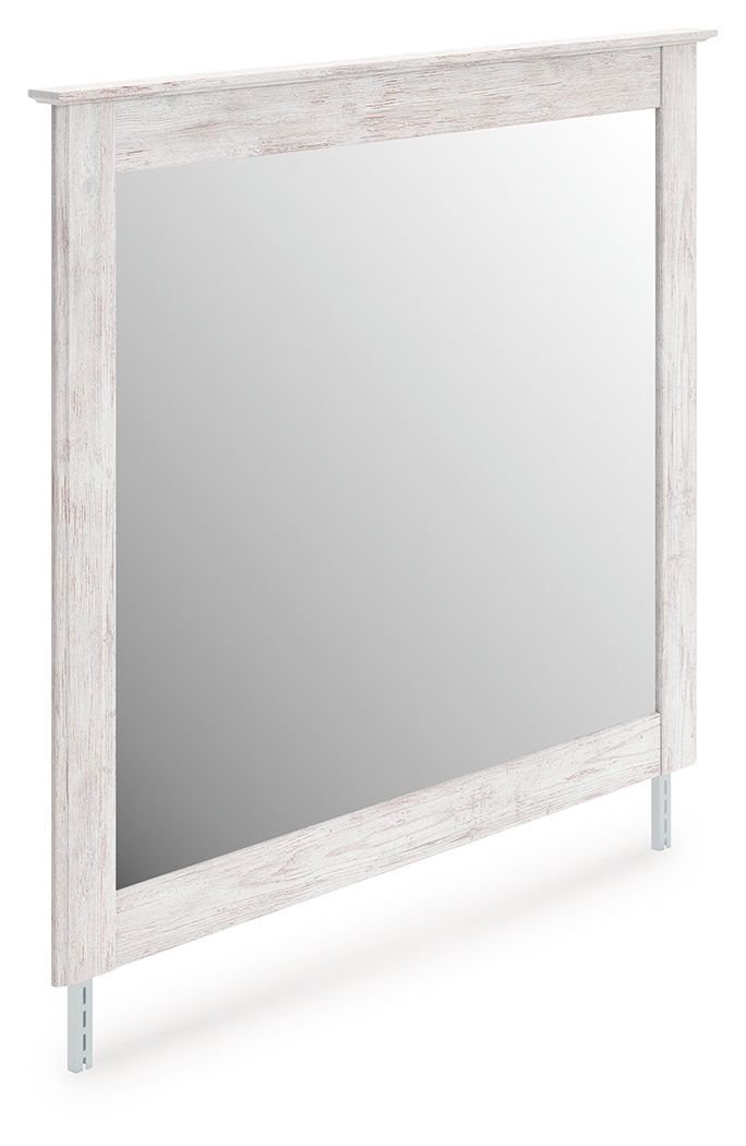 Bedroom mirror with whitewashed wood frame, angled view with reflective glass