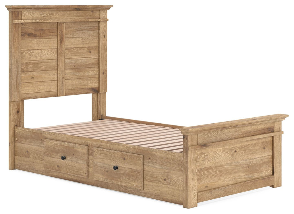 Light brown wooden storage bed frame with panel headboard, slatted base, and front drawers