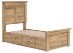 Light brown wooden storage bed frame with panel headboard, slatted base, and front drawers