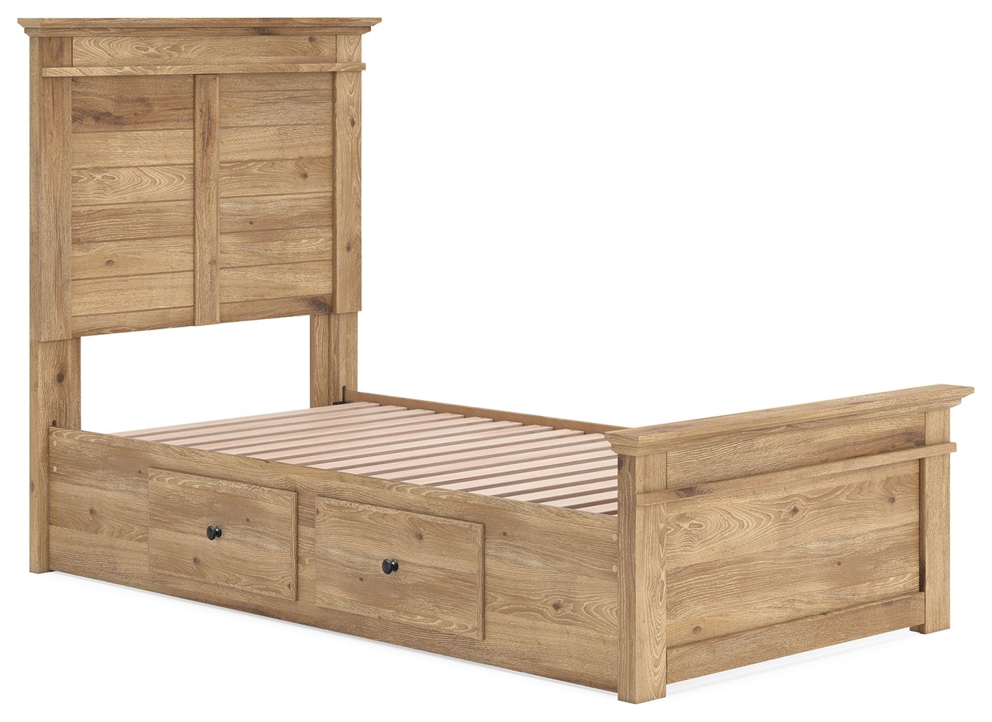 Light brown wooden storage bed frame with panel headboard, slatted base, and front drawers