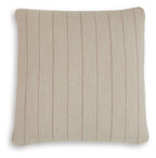 Beige throw pillow with vertical brown stripe pattern