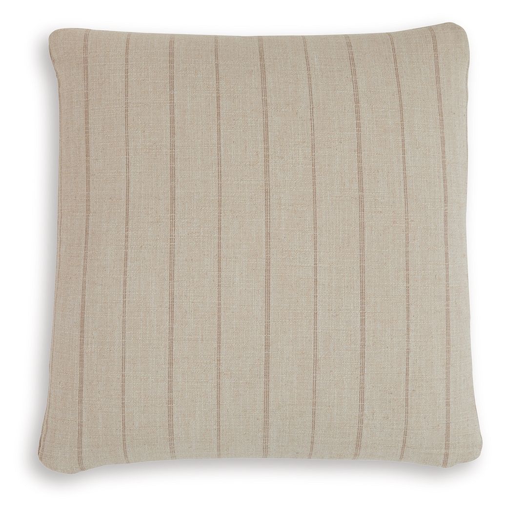 Beige throw pillow with vertical brown stripe pattern
