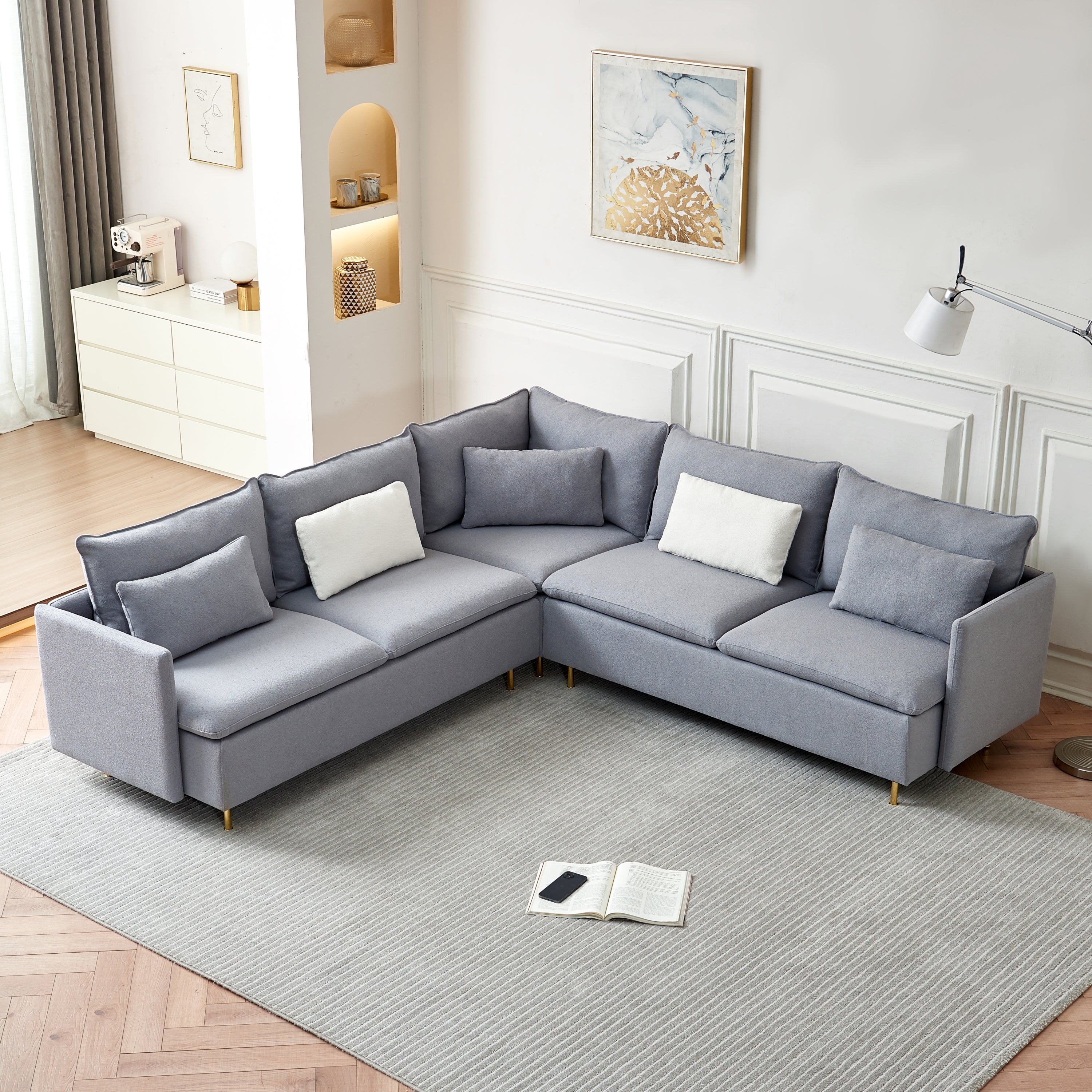 92" Modern Gray Teddy Fabric Sectional Sofa with Pillow-Stationary Sectionals-American Furniture Outlet