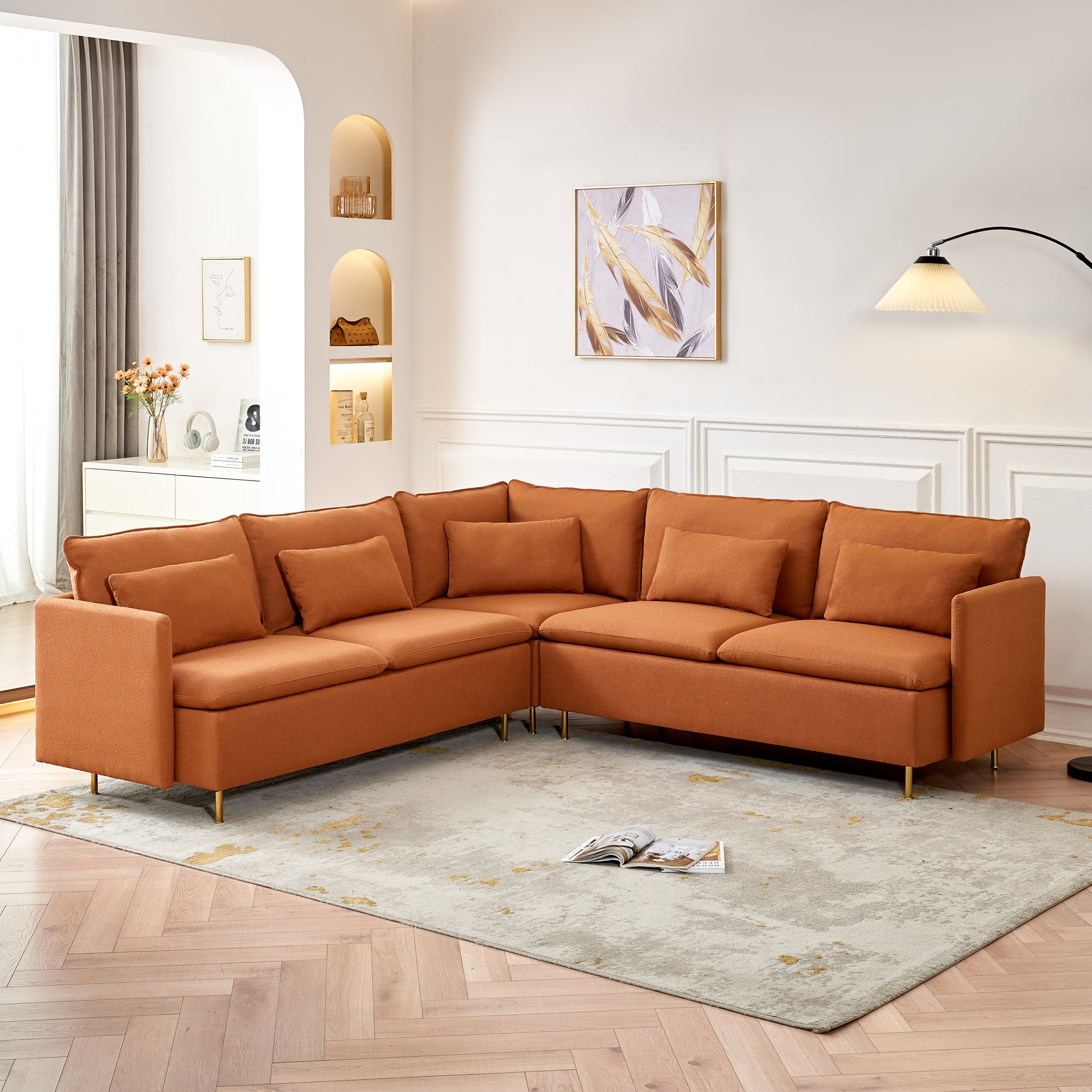 92" Modern Orange Teddy Fabric L Shaped Sectional Sofa with Pillow-Stationary Sectionals-American Furniture Outlet