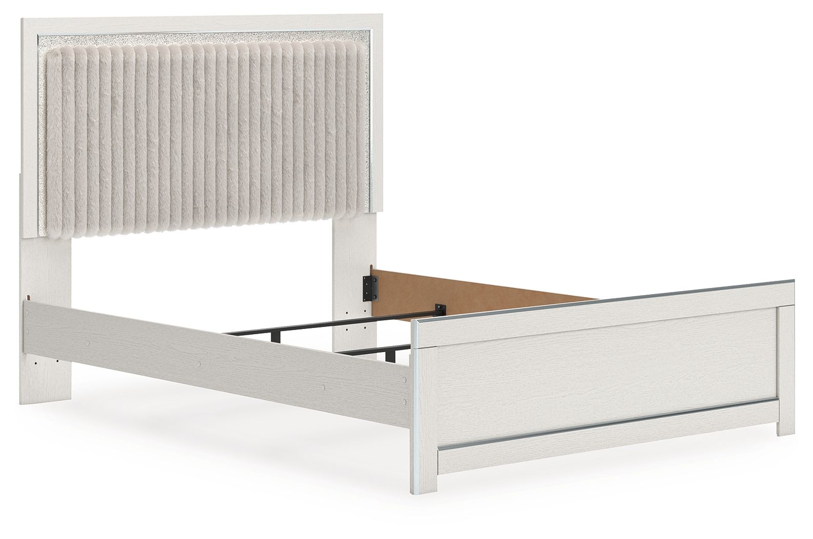White upholstered panel bed with tall channel-tufted headboard and solid side rails