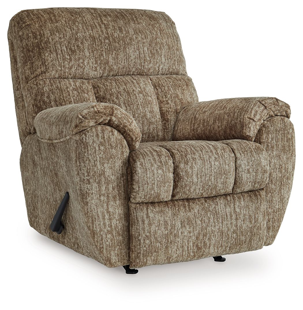 Taupe rocker recliner chair with rolled arms, padded headrest, side lever